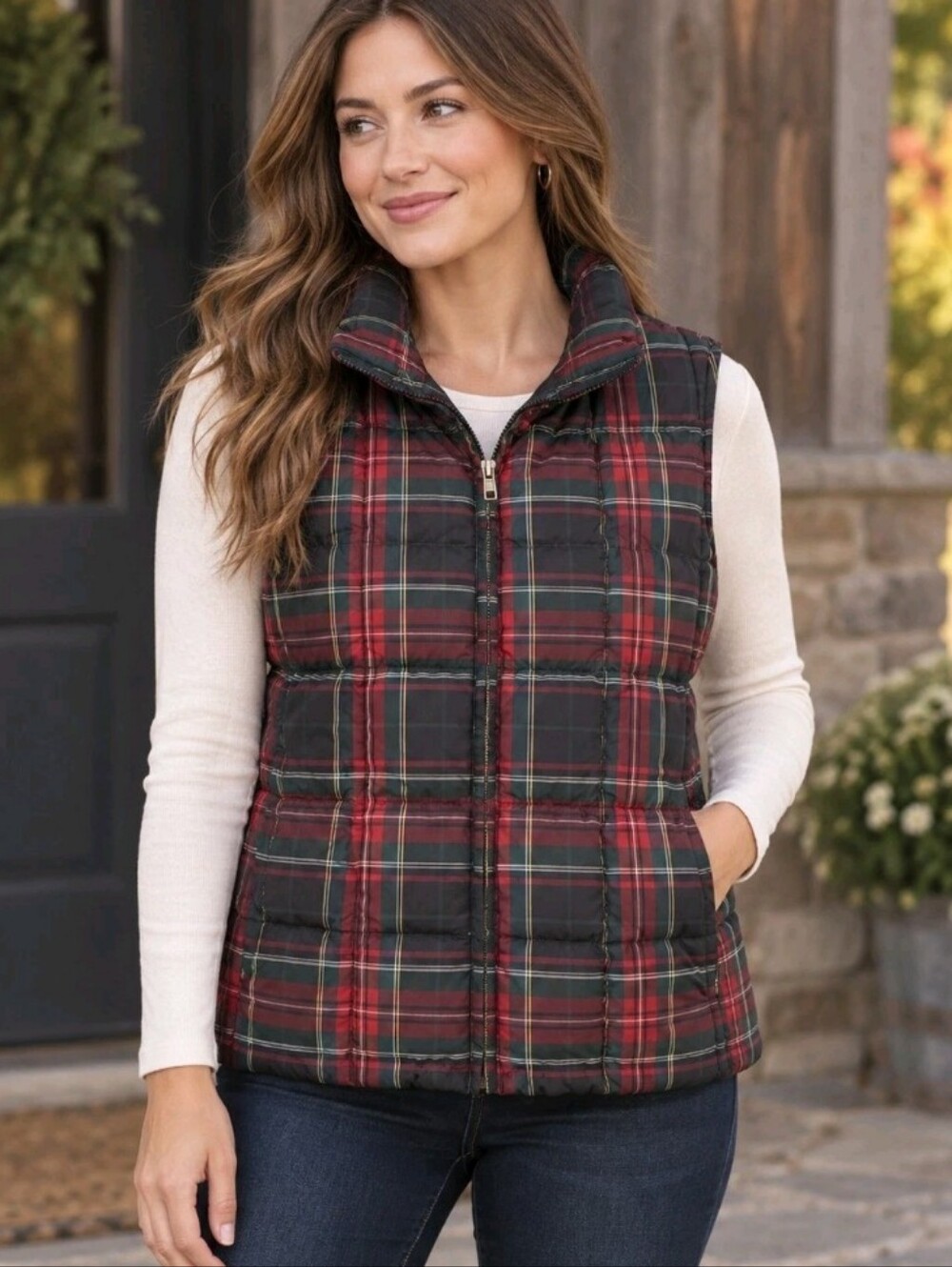 Eddie Bauer Premium Down Plaid Red Puffer Vest L